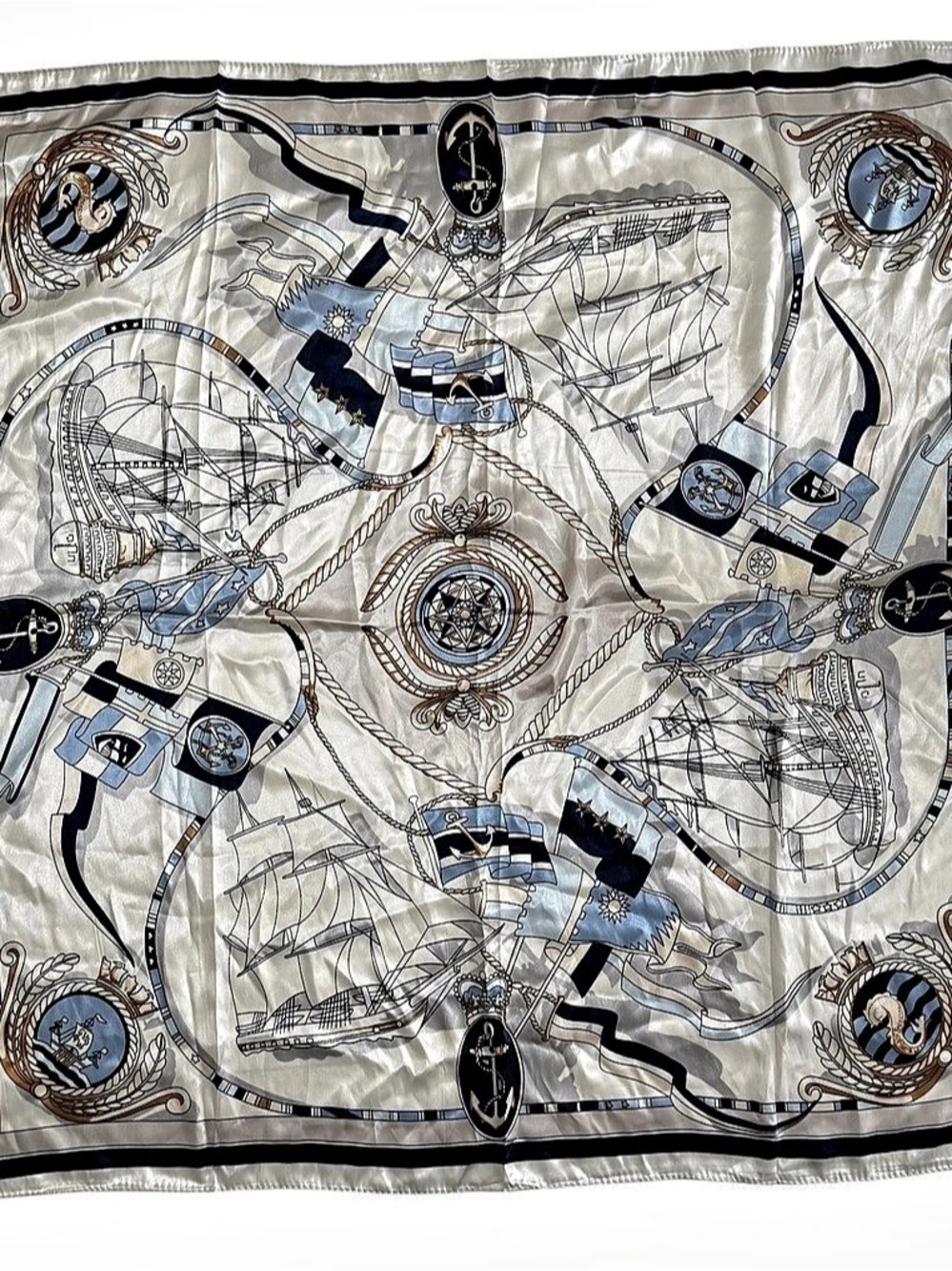 Nautical Print Scarf in Cream & Blue Like New 34” square